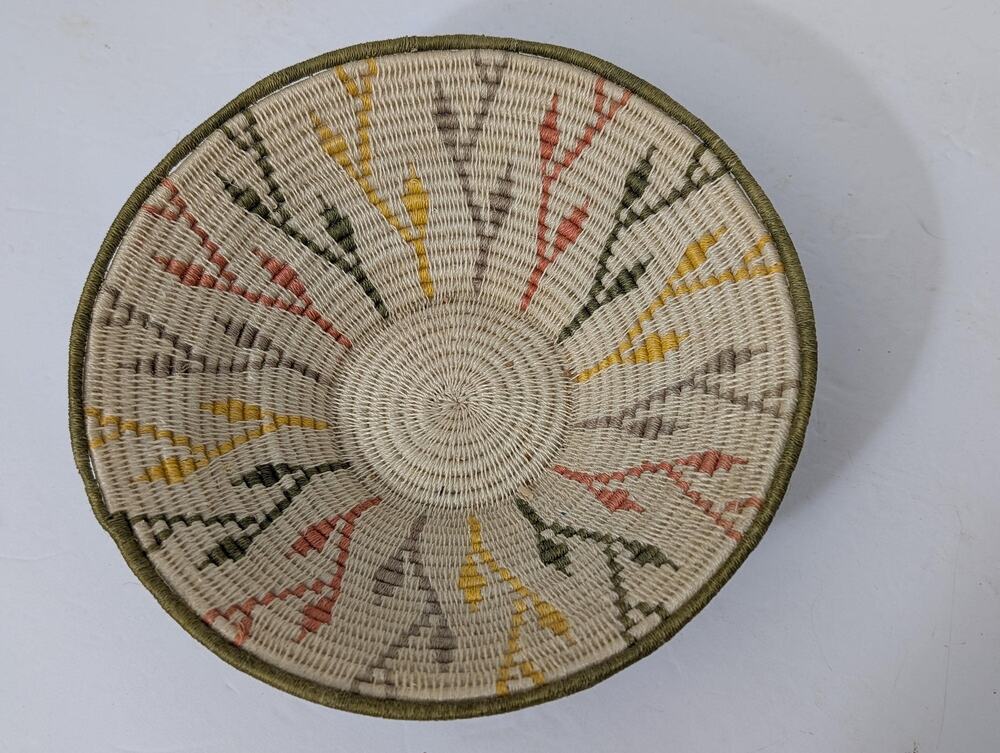 Vintage Fine Coiled Woven Basket Bowl, Geometric Leaf Motif Handwoven